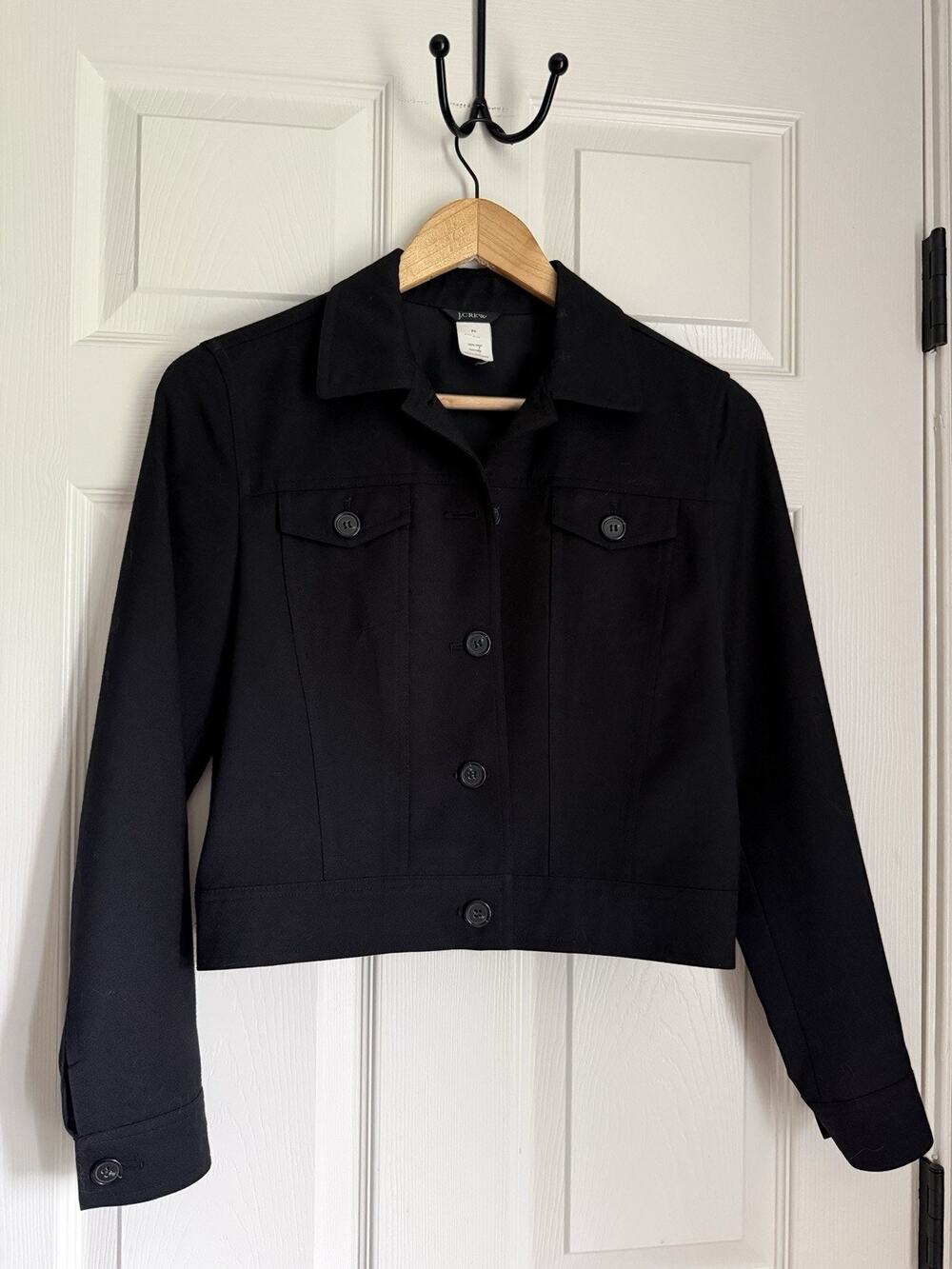 J.Crew P4 Petite Black 100% Wool Cropped Jacket Button Front Lightweight